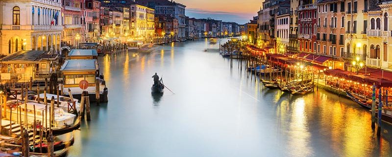 famous grand canale from Rialto Bridge at blue hour, Venice, Italy
